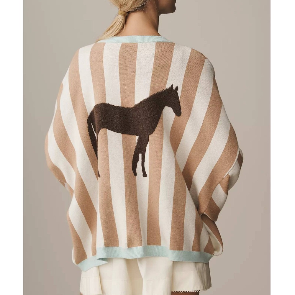 Bel Kazan Open-Front Icon Cardigan Sweater Striped Horse Graphic Tan Mint OS NWT